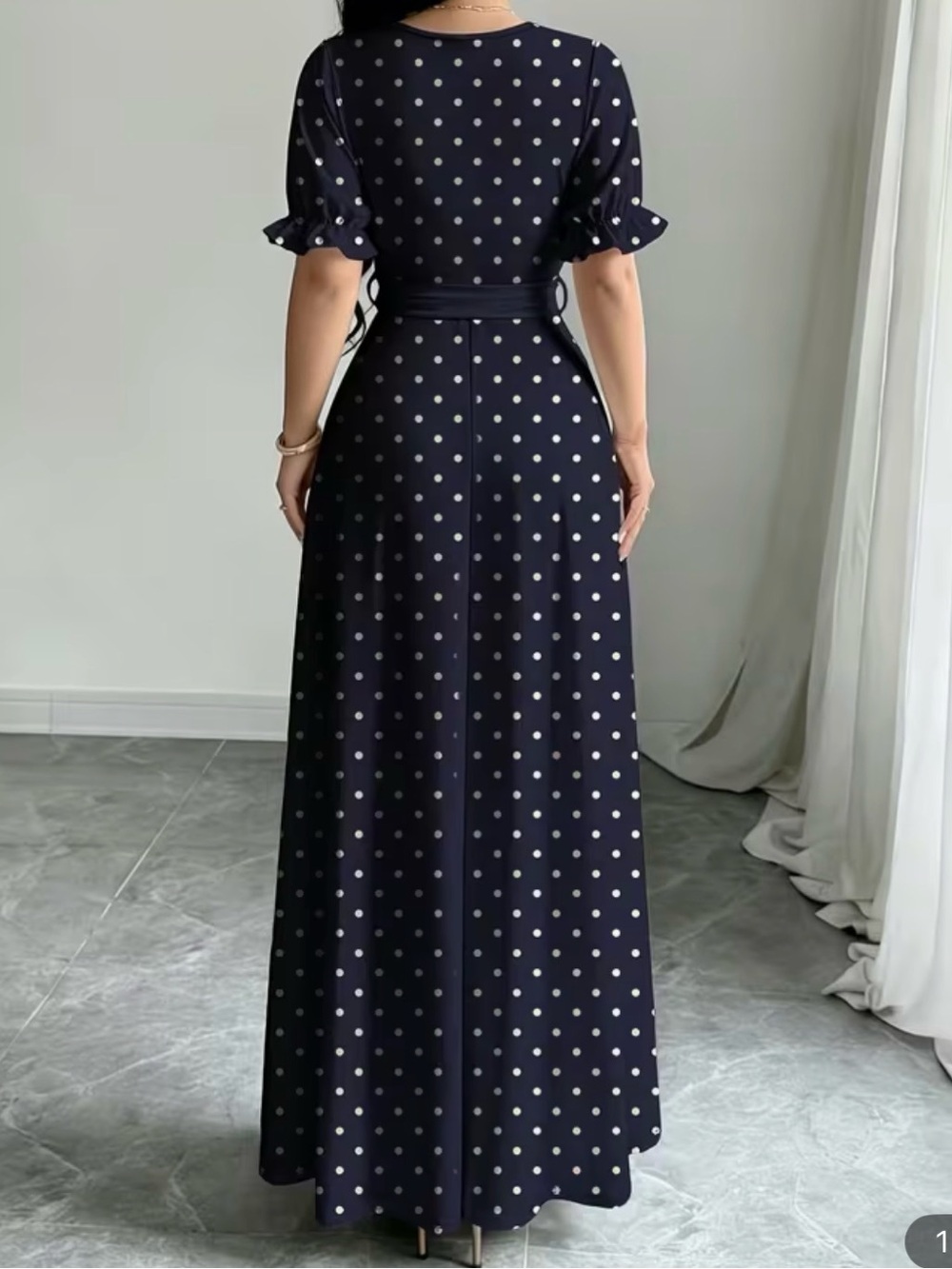 Polka Dot Navy Maxi Dress with Waist Tie - Picture 3 of 3
